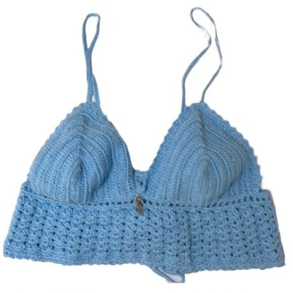 Handmade Light Blue Crocheted Bralette Adjustable Strap and lace up Festival M